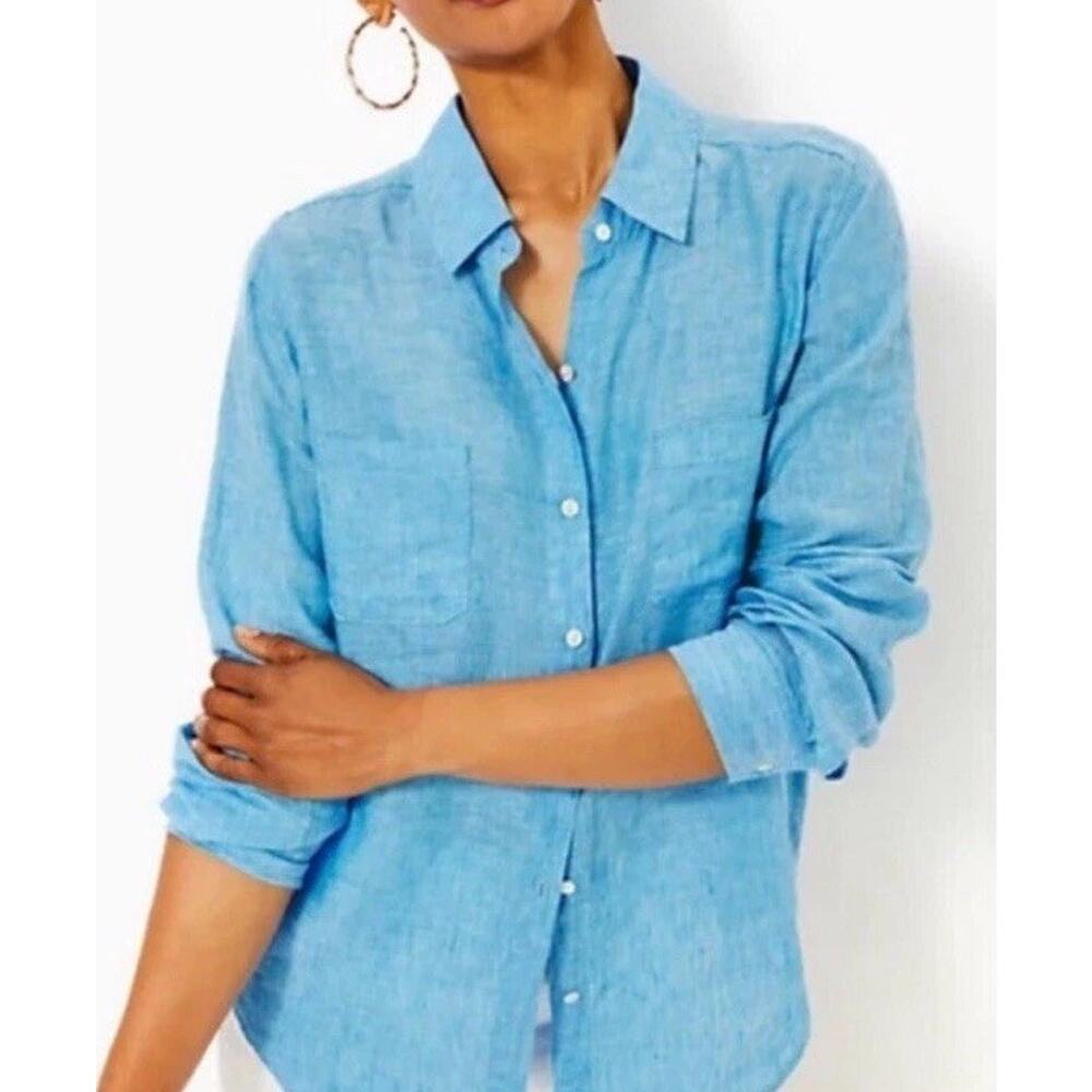 Lilly Pulitzer Sea View Linen Shirt Beckon Blue Button Down LS Sz XXS
